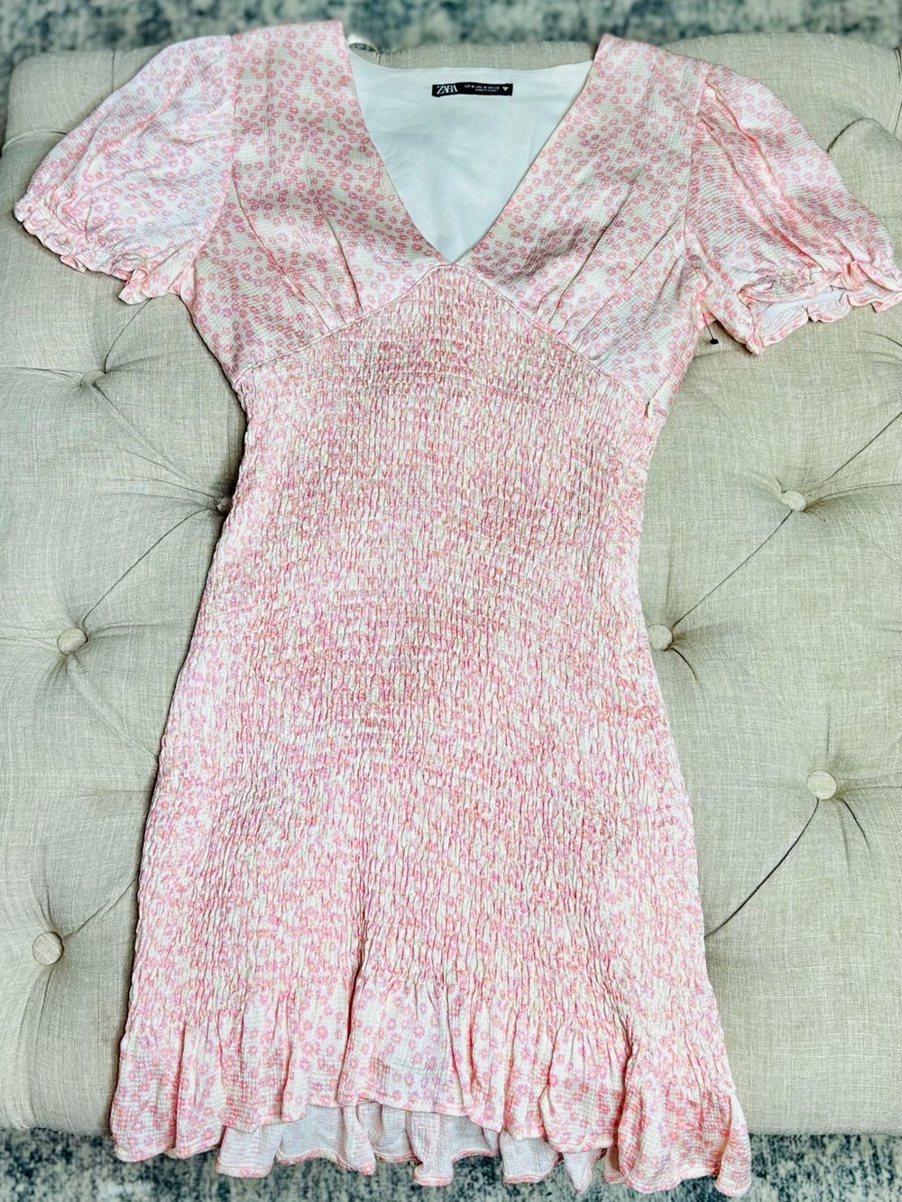 Zara Pink Floral Smocked V-Neck Mini Dress with Puff Sleeves